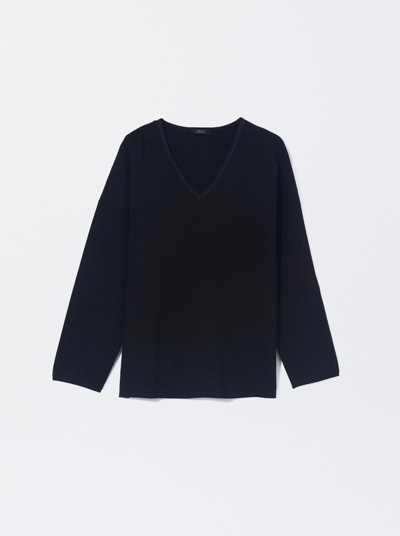 Jersey De Punto Cuello De Pico, Negro, hi-res
