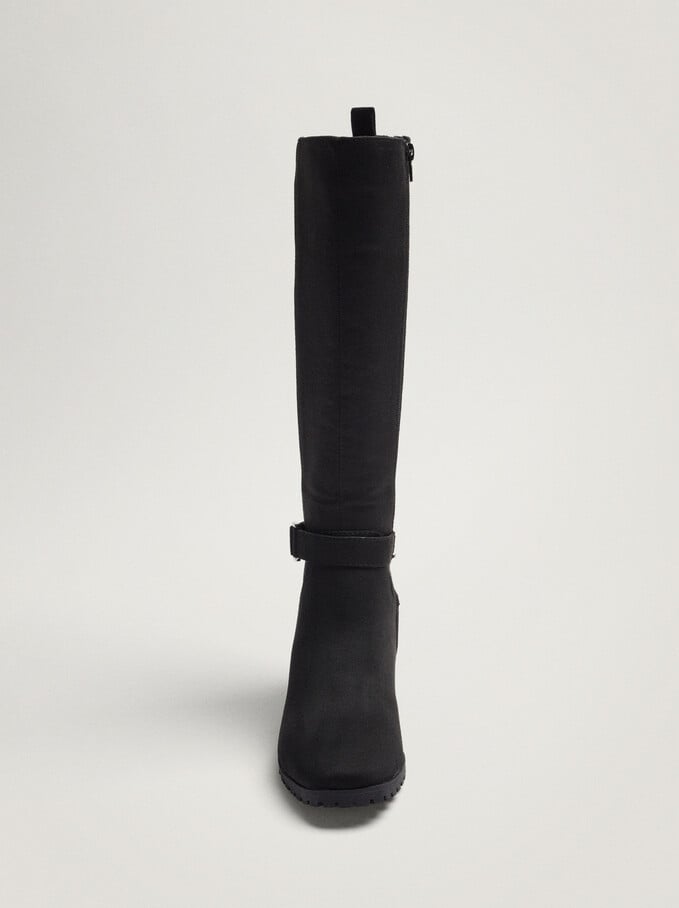 Knee-High Leg Boots With Buckle, Black, hi-res