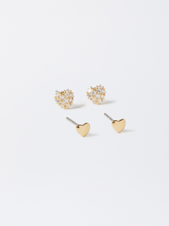 Set Of Earrings With Cubic Zirconia, Golden, hi-res