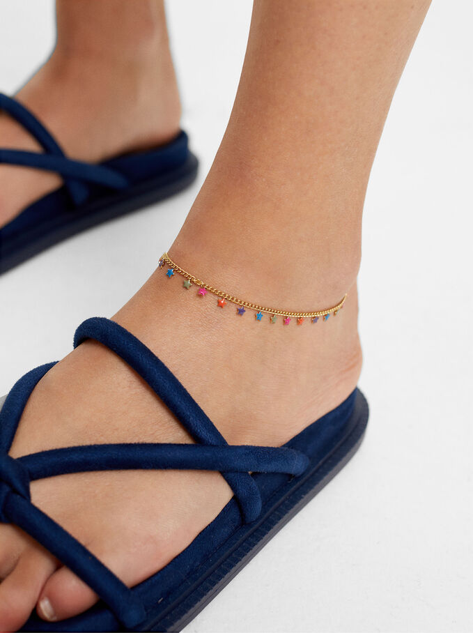 Stainless Steel Anklet Bracelet With Stars, Multicolor, hi-res