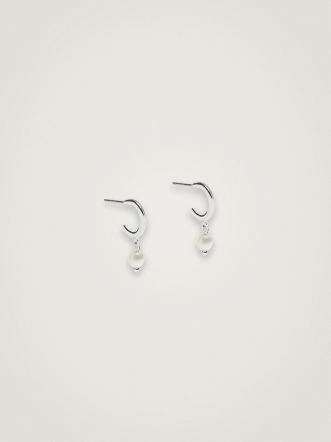 Short Hoop Earrings With Pearls, Silver, hi-res