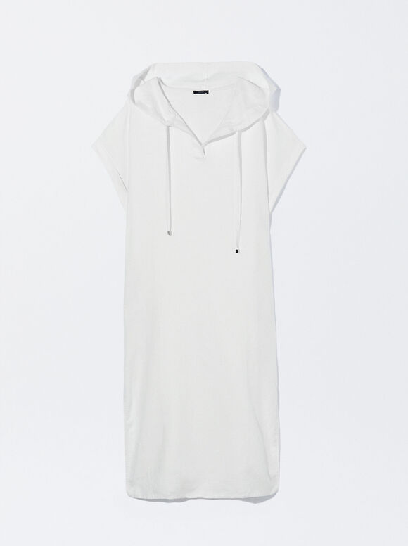 Hooded Linen Dress, White, hi-res