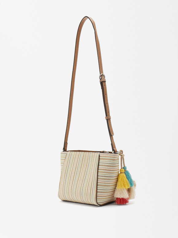 Straw-Effect Crossbody Bag With Pendant, Camel, hi-res