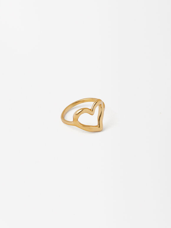 Stainless Steel Heart Ring, Golden, hi-res