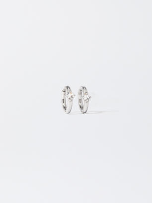 Stainless Steel Hoop Earrings With Crystals, Silver, hi-res