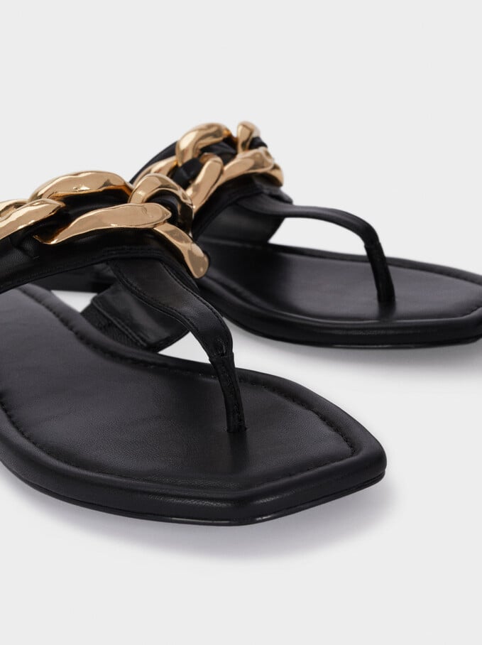 Flat Sandals With Chain, Black, hi-res