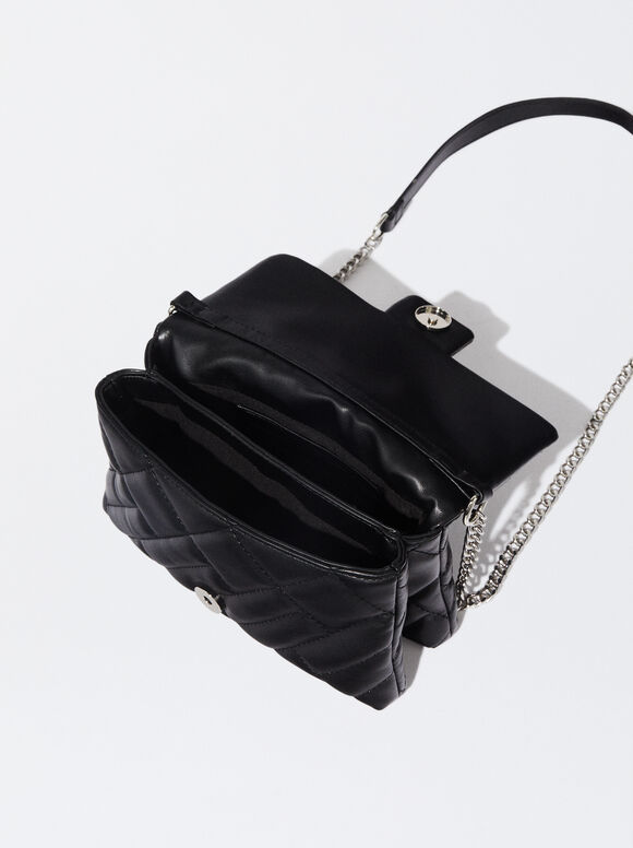 Quilted Crossbody Bag With Chain, Black, hi-res
