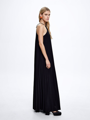 Pleated Long Dress, Black, hi-res