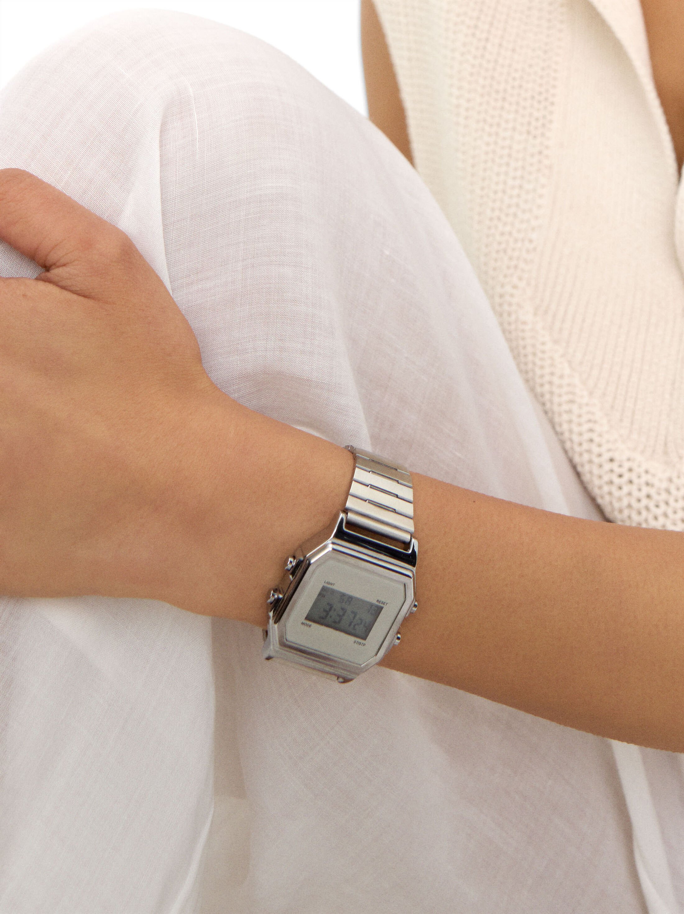 Digital watch with stainless steel bracelet image number 1.0