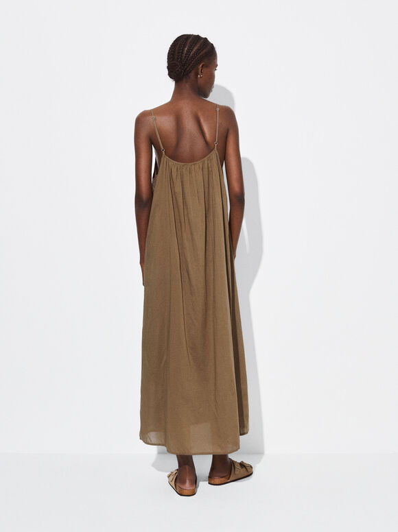 Cotton Midi Dress, Khaki, hi-res