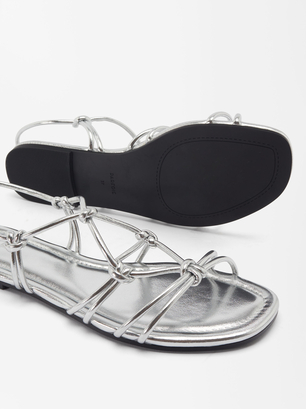 Online Exclusive - Sandale Plate Métallisée Avec Nœuds, Argent, hi-res