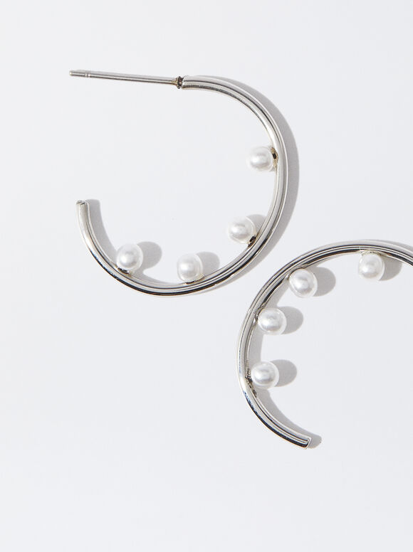 Steel Earrings With Pearls, White, hi-res