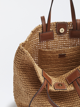 Straw Tote Bag With Pendant, Camel, hi-res