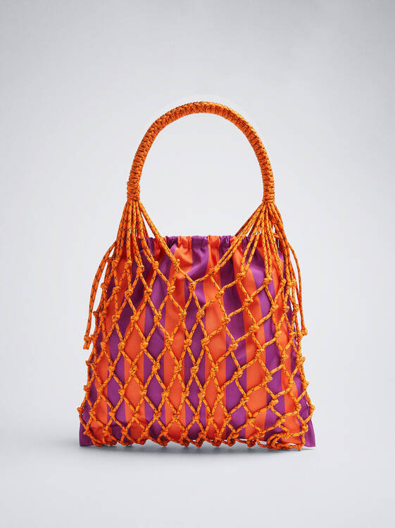 Knotted Cord Bag With Stripes, Orange, hi-res
