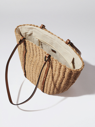 Straw Tote Bag With Pendant, Beige, hi-res