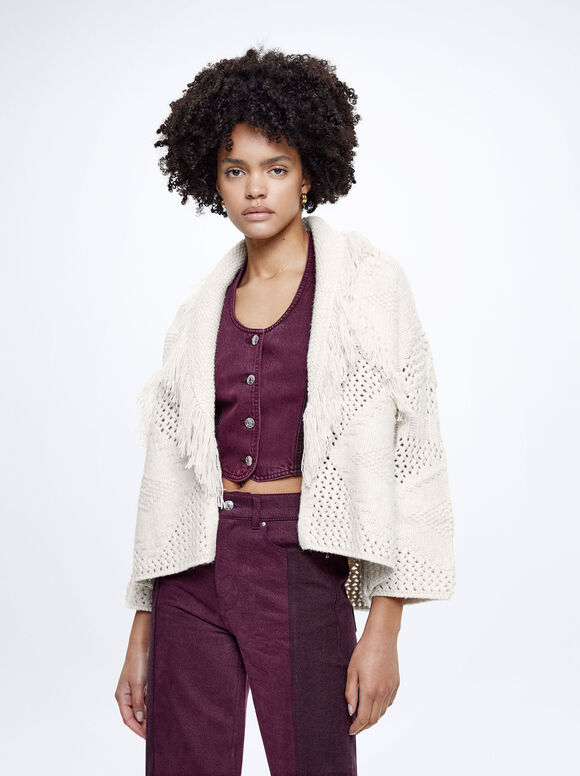 Knitted Cardigan With Fringes, Ecru, hi-res