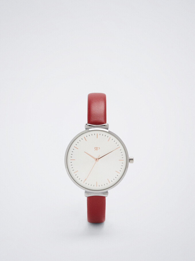 Watch With Leather Effect Wristband, Red, hi-res