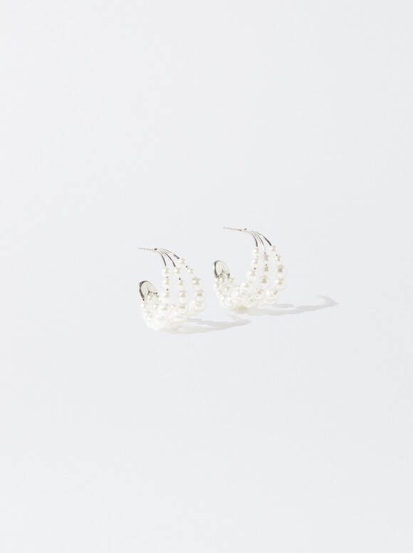 Silver Hoop Earrings With Pearls, Silver, hi-res