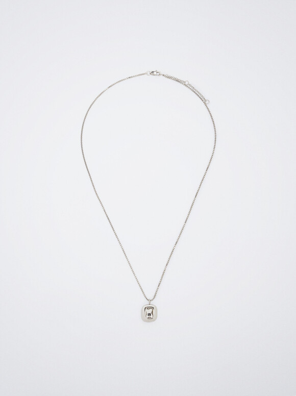 Silver Stainless Steel Necklace With Crystals, Silver, hi-res