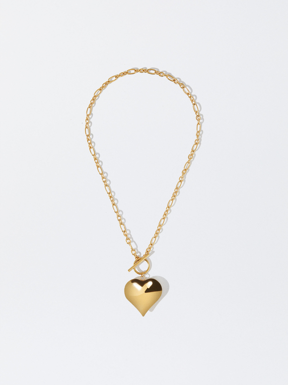 Stainless Steel Necklace With Heart, Golden, hi-res