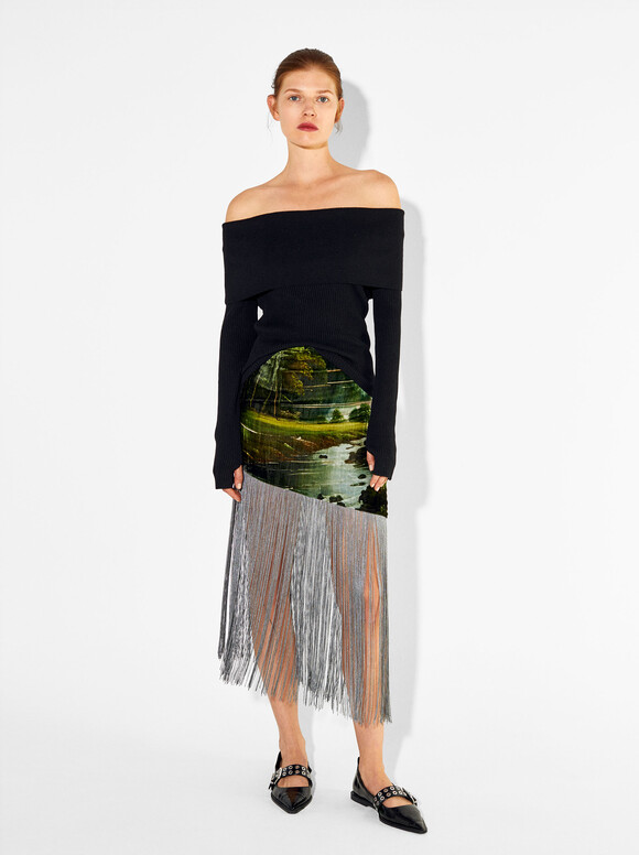 Asymmetrical Velvet Skirt With Fringes, Multicolor, hi-res