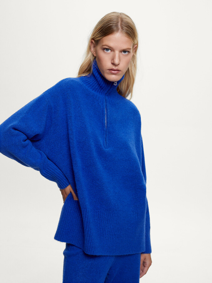High-Neck Knit Sweater, Blue, hi-res