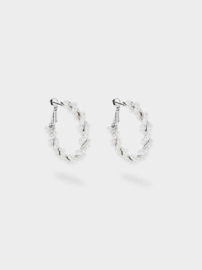 Hoop Earrings With Woven Detail And Pearls, White, hi-res