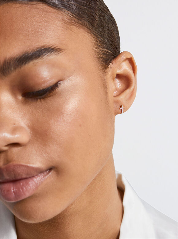 925 Silver Studs With Zirconia, Golden, hi-res