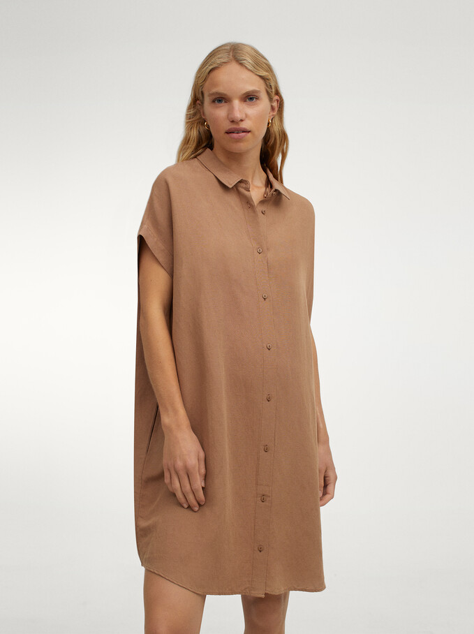 Linen Shirt Dress, Brown, hi-res