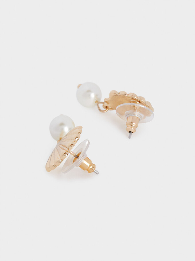 Short Earrings With Shell And Pearl, Golden, hi-res