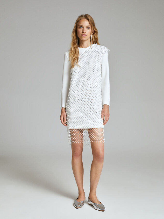 Rhinestone-Embellished Sheer Dress, White, hi-res