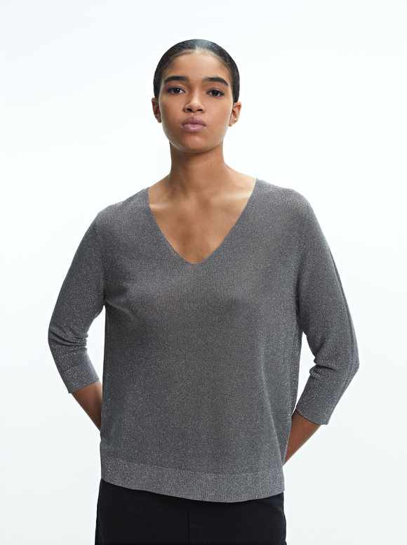 Metallic Knit Sweater, Grey, hi-res