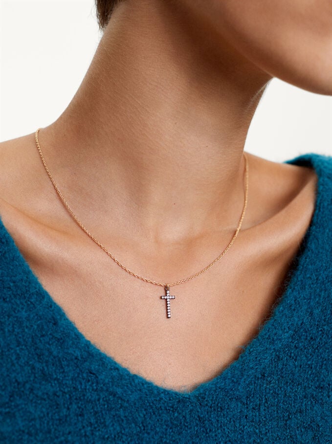 Necklace With Cross And Zirconia, Black, hi-res