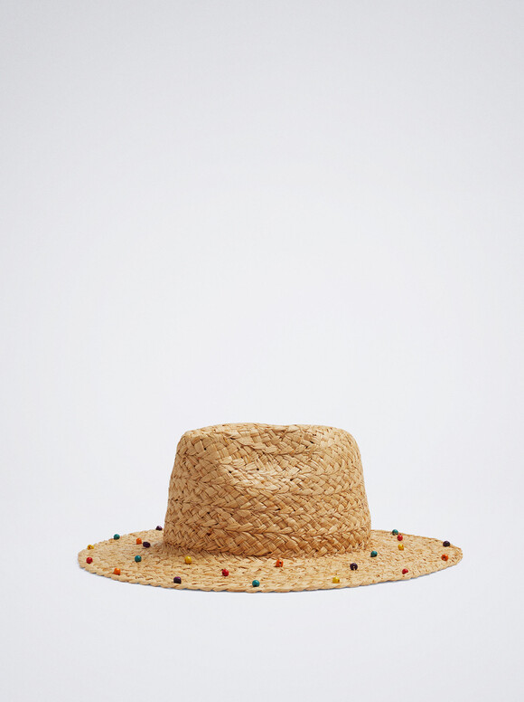 Raffia Hat With Beads, Beige, hi-res