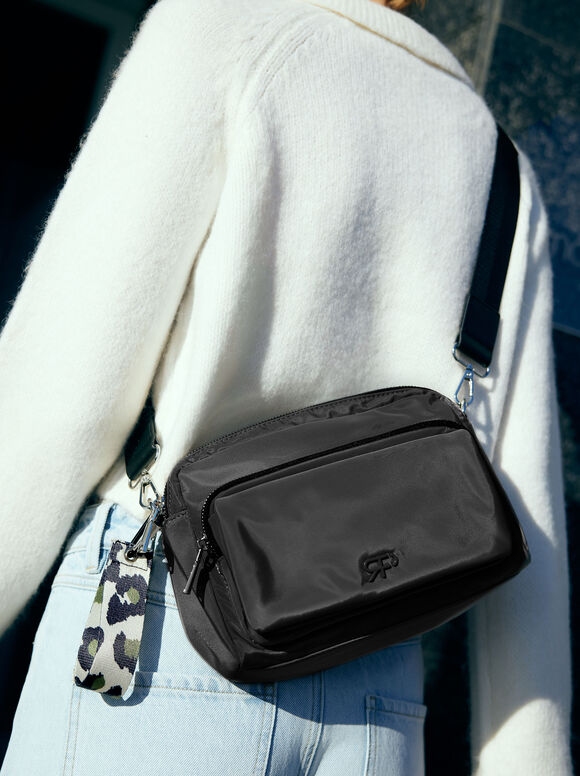 Personalized Nylon Crossbody Bag With Pendant, Black, hi-res
