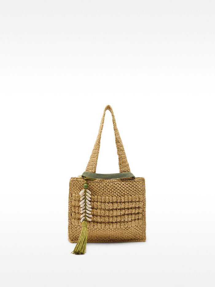Straw-effect tote bag with hanging shells detail M 