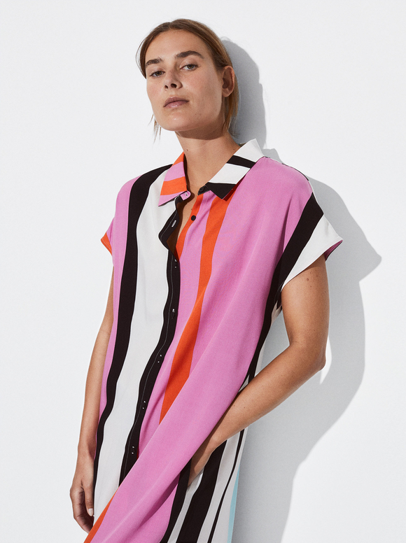 Striped Shirt Dress, Multicolor, hi-res
