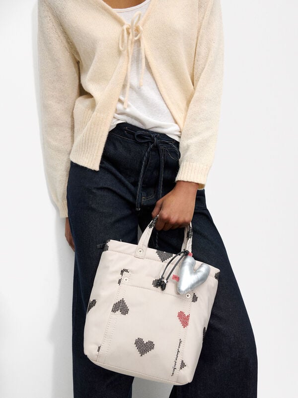 Nylon tote bag with hearts embroidery
