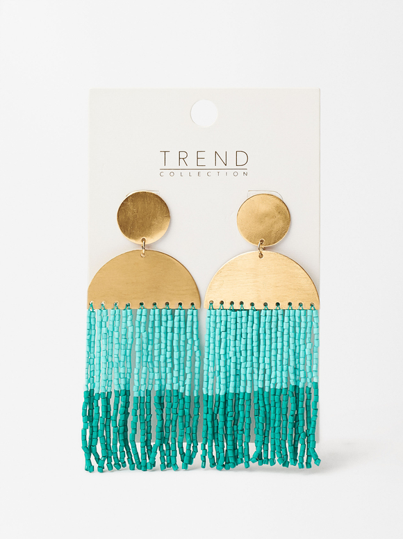 Golden Bead Earrings, Blue, hi-res