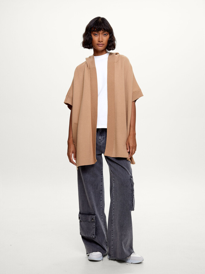 Hooded Knit Poncho With Pockets, Beige, hi-res