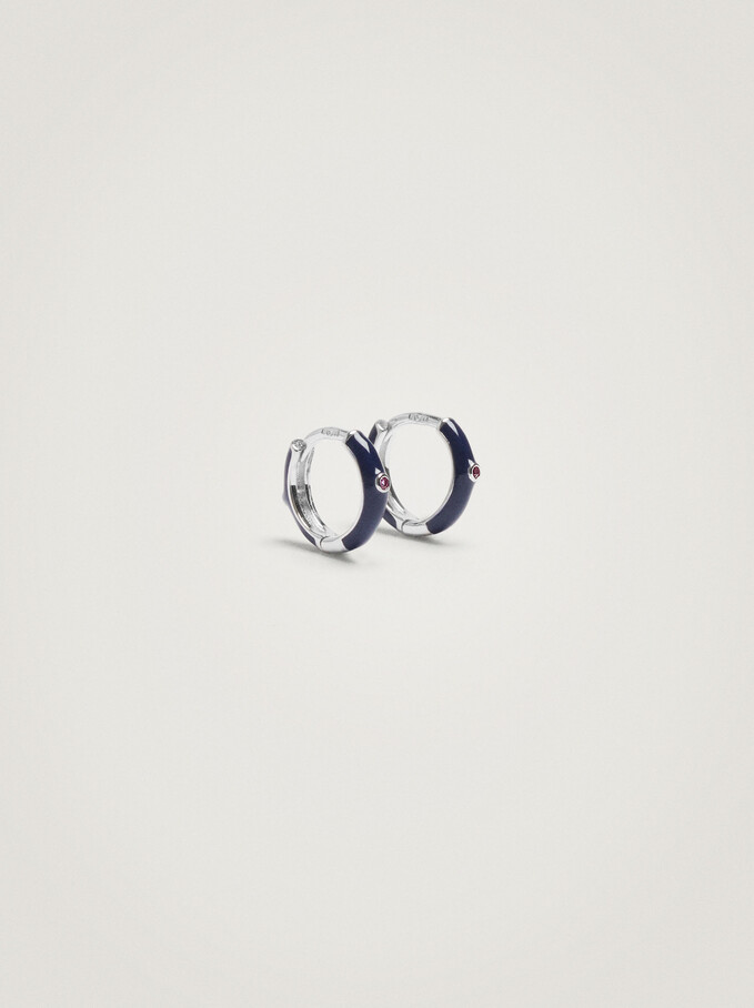 925 Sterling Silver Short Hoops With Zirconia, Navy, hi-res