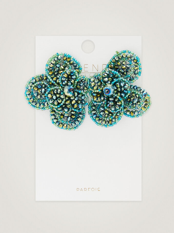 Flower Clip Earrings, Green, hi-res
