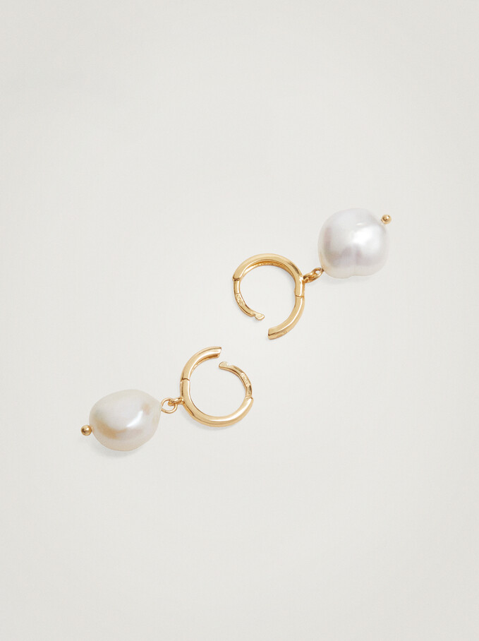 925 Silver Hoop Earrings With Freshwater Pearl, White, hi-res