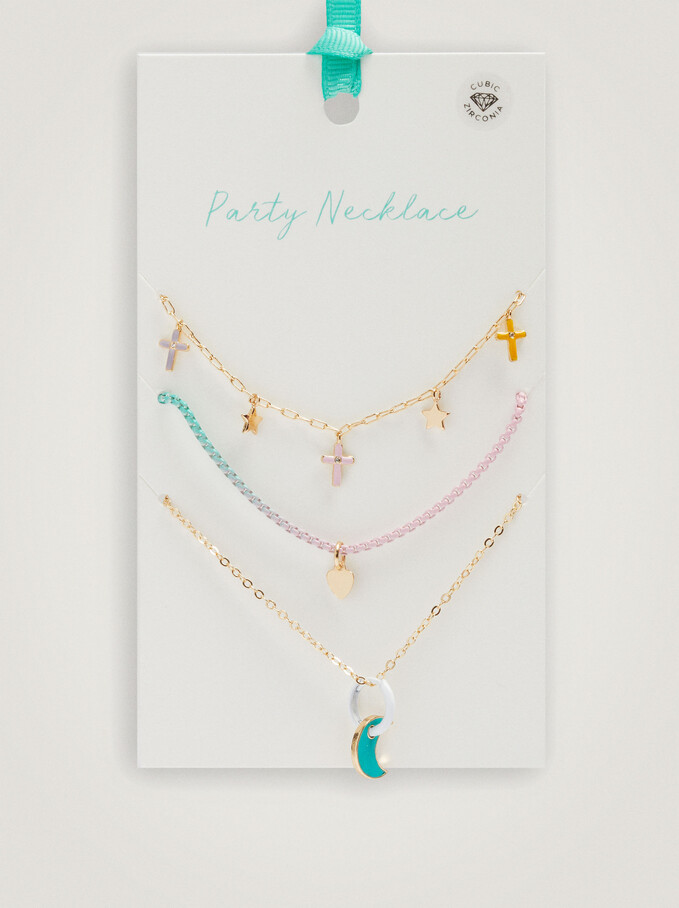Set Kombinierte Halsketten Mit Charms Und Zirkonen, Mehrfarbig, hi-res