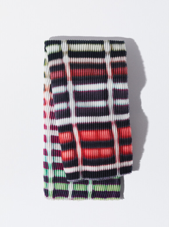 Printed Pleated Scarf, Multicolor, hi-res