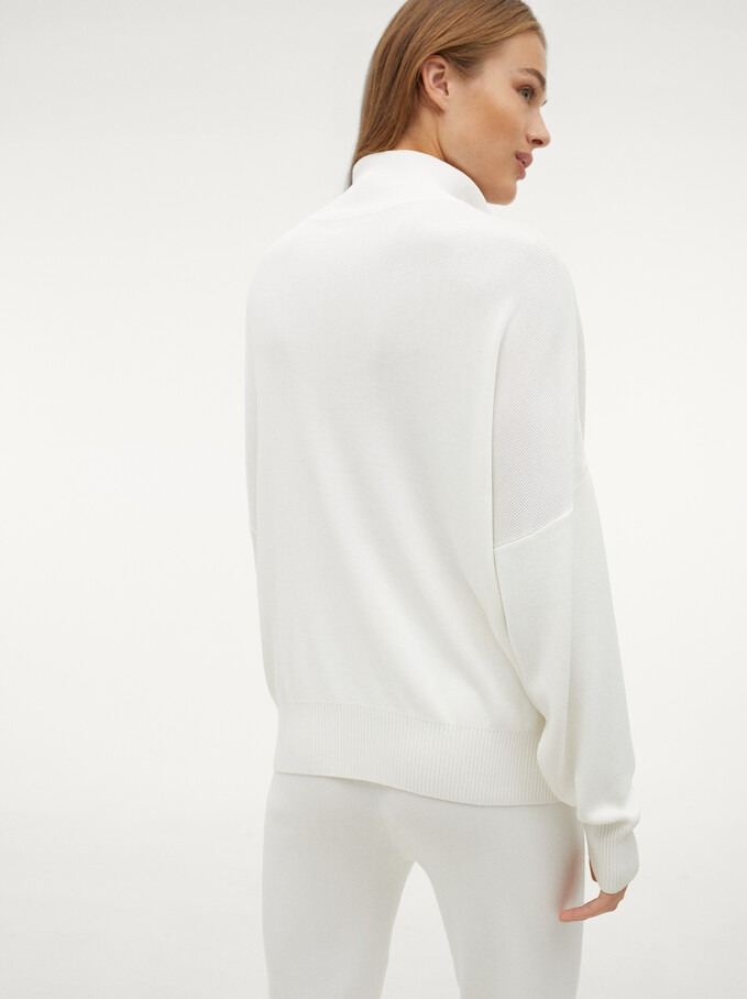 High Neck Sweater With Zip, White, hi-res