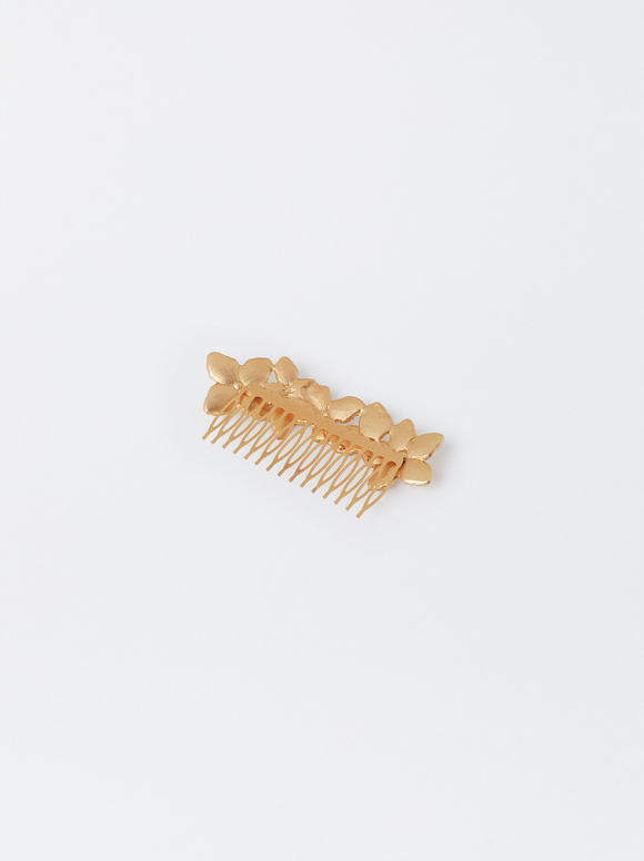 Golden Hair Comb With Flowers, White, hi-res
