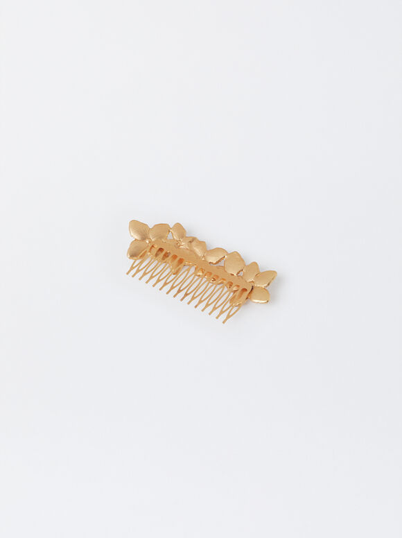 Golden Hair Comb With Flowers, White, hi-res