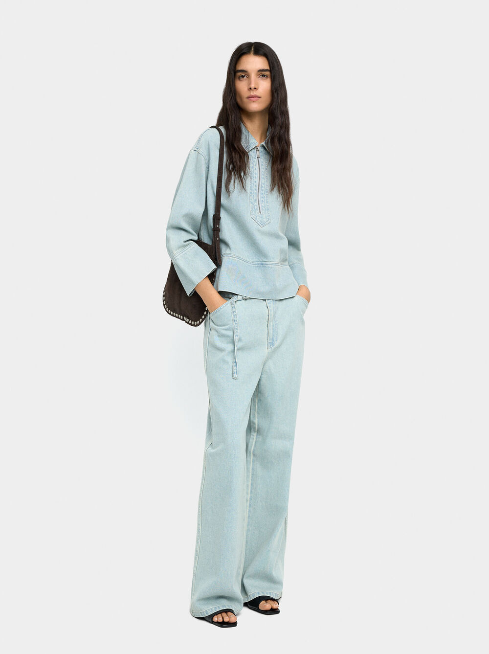 Straight denim trousers with belt