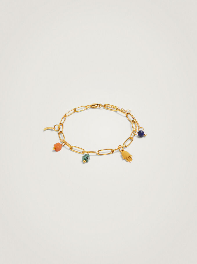 Bracelet En Acier Avec Charm Et Pierre Semi-Précieuse, Multicolore, hi-res